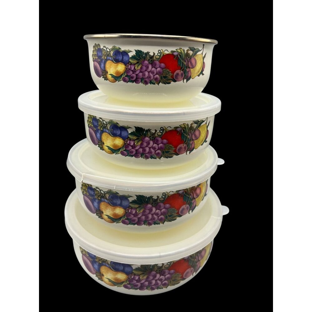 Cornucopia Enamel On Steel 4 Piece Covered Nesting Bowl Set With 3 Lids No. 1493